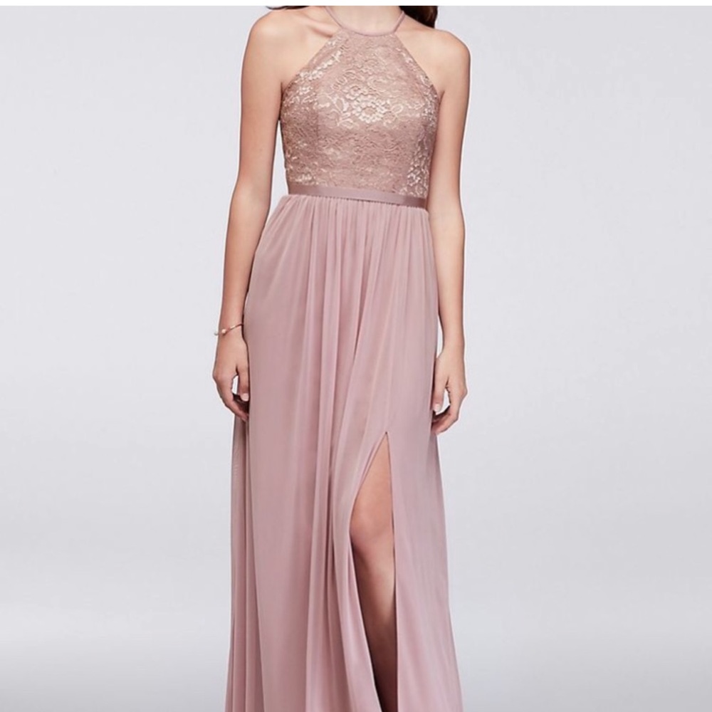 NWT David’s Bridal Rose Gold Metallic Open Back Lace Dress